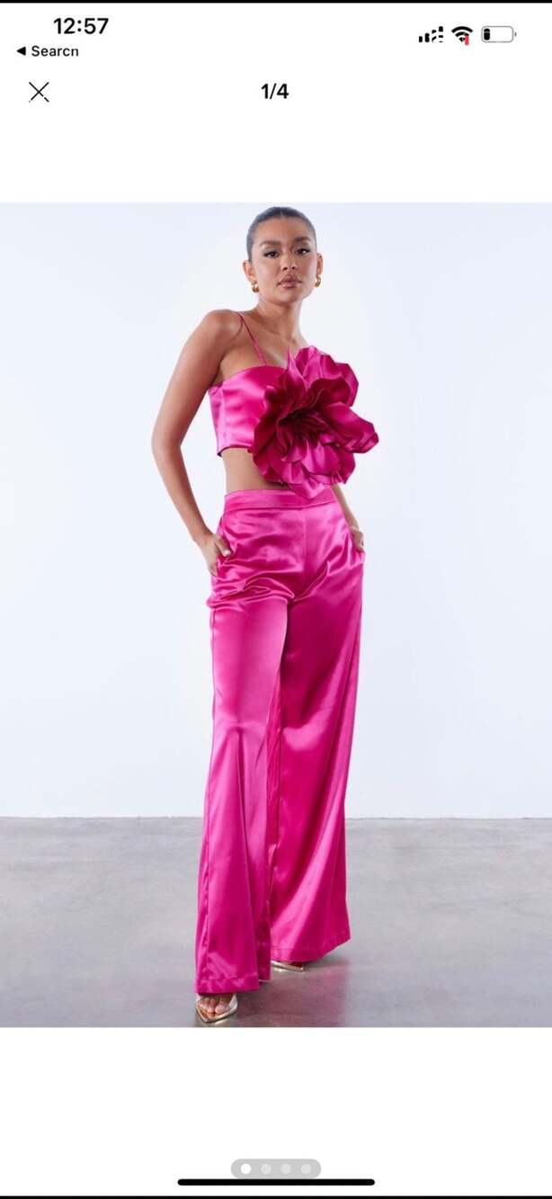 Fashion Nova Hot Pink Satin Floral Applique Two-Piece Set